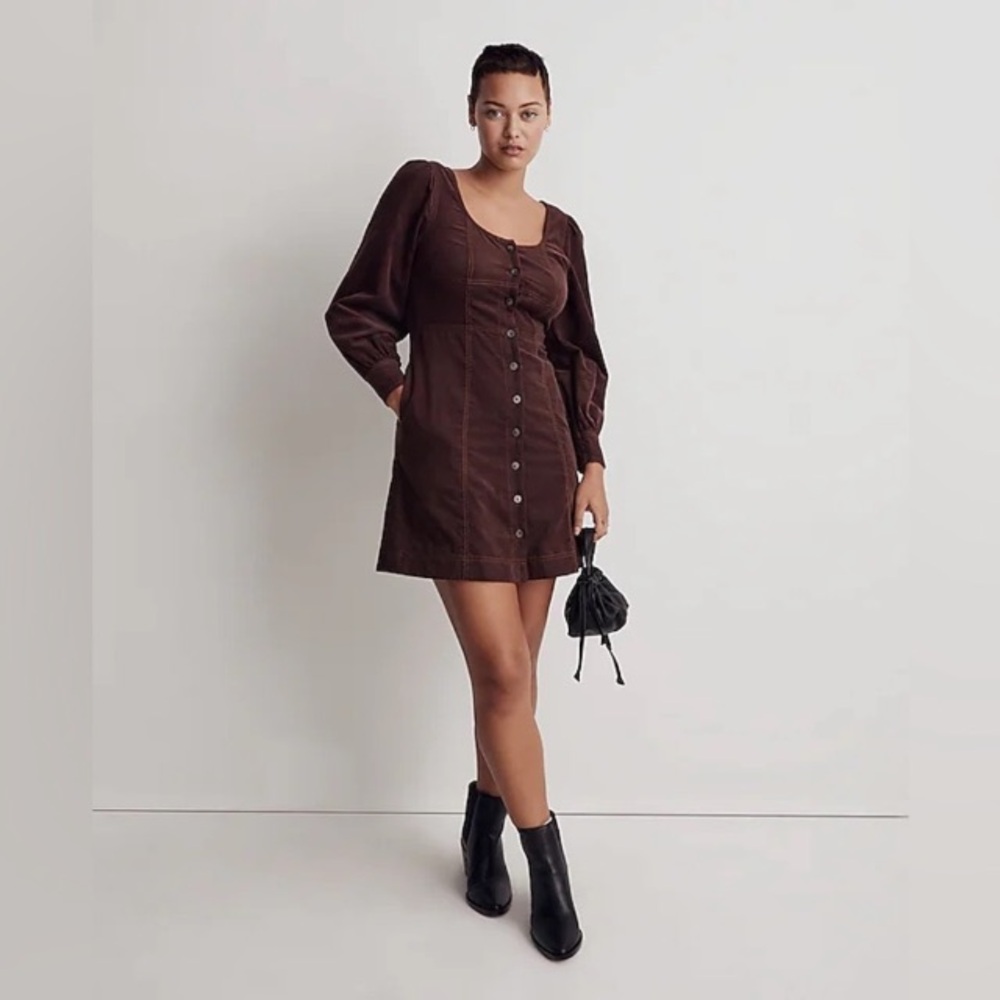 Madewell Esti Brown Buttoned Sundress with Bishop Sleeves